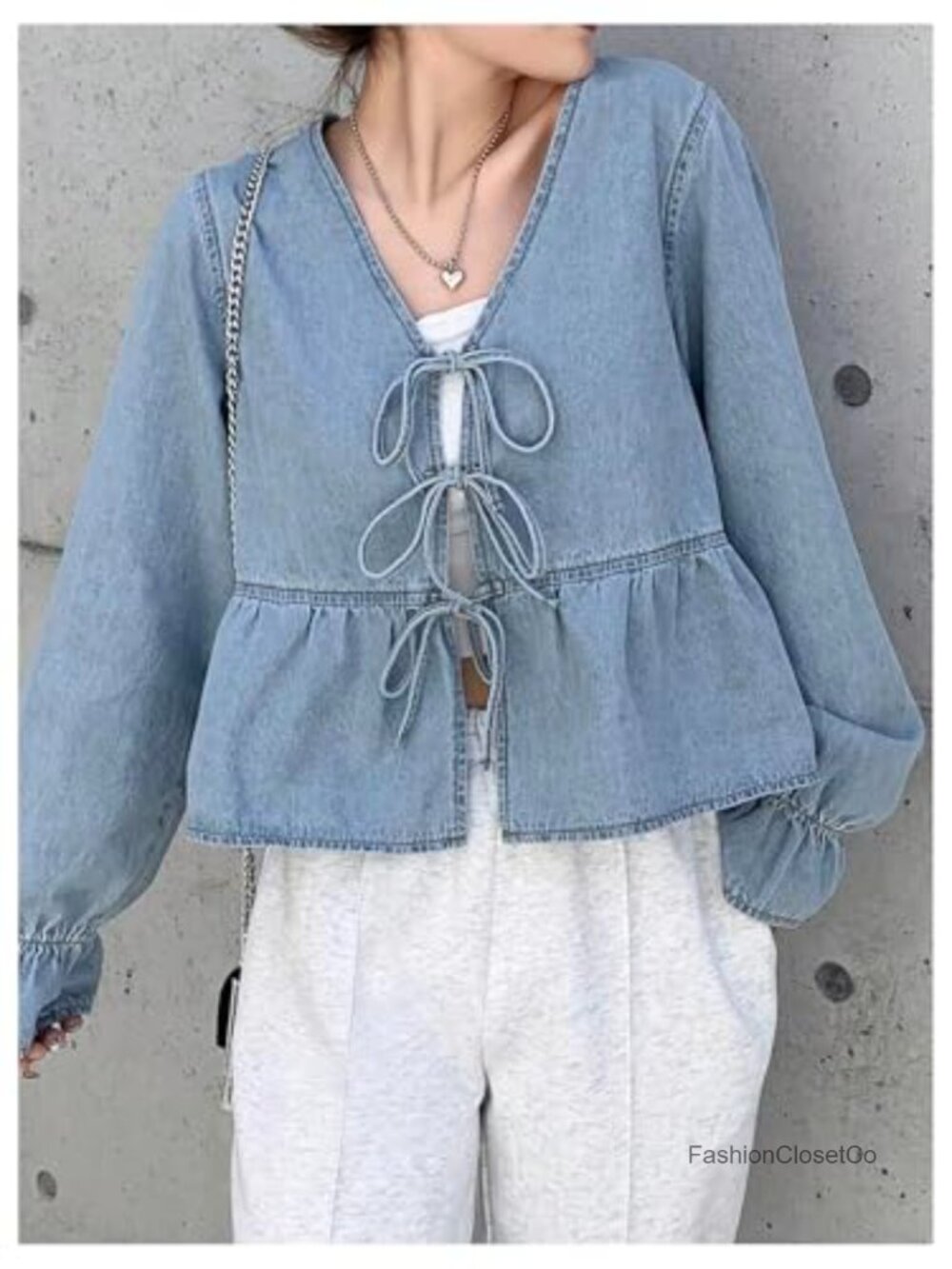 V Neck Tie Front Denim Jean Blouse Ruffled Peplum Long Sleeve with Splits - Picture 3 of 4